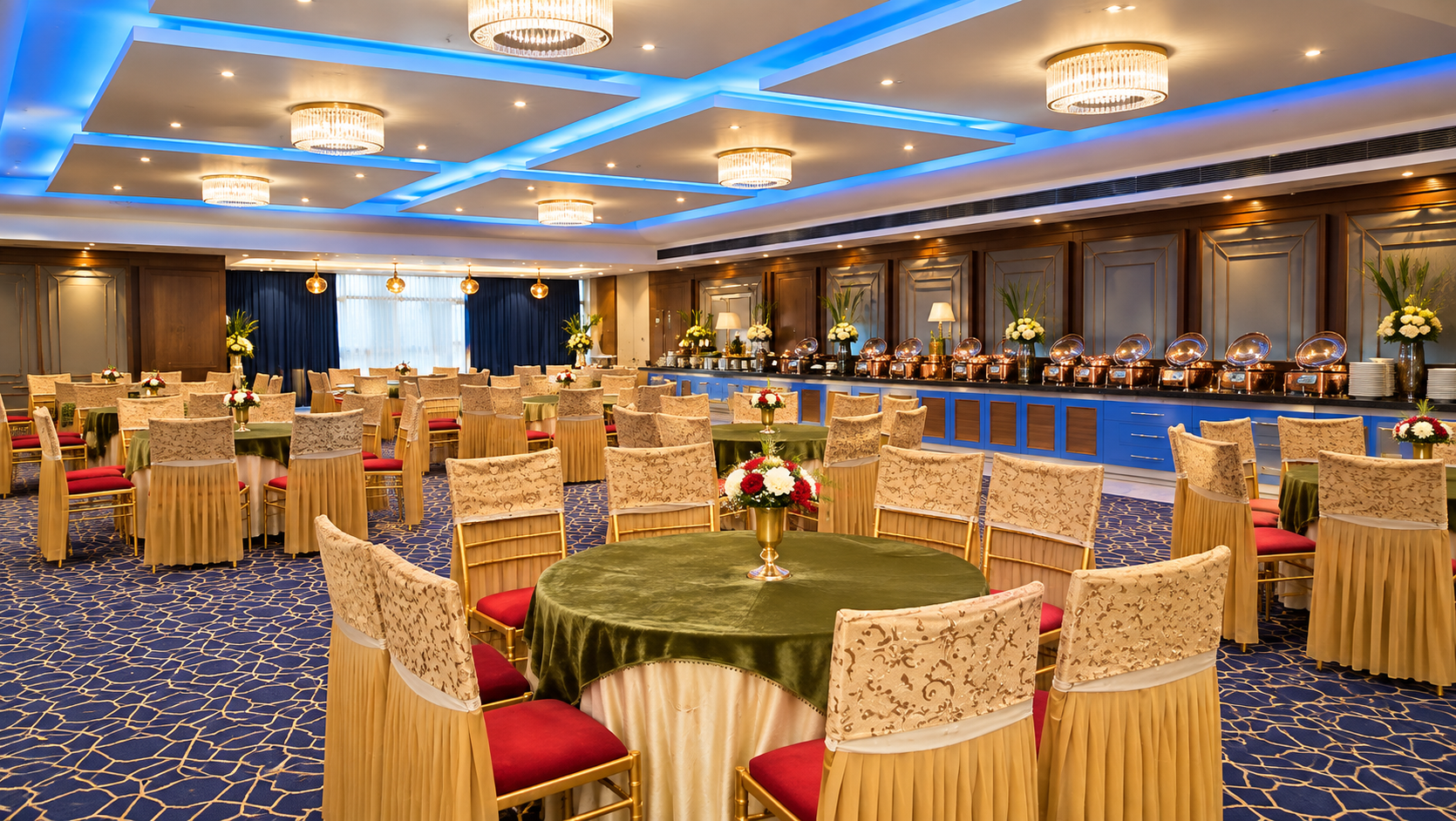 Luxurious blue-lit banquet setting